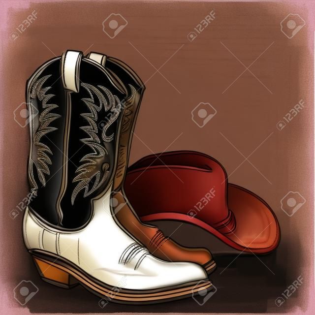 Las botas de vaquero y sombrero occidental. Ilustración Sketch