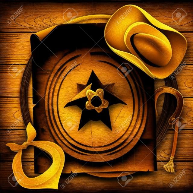 Wilde westelijke achtergrond met cowboy hoed en Amerikaanse lasso.Vector oud papier voor tekst op hout textuur