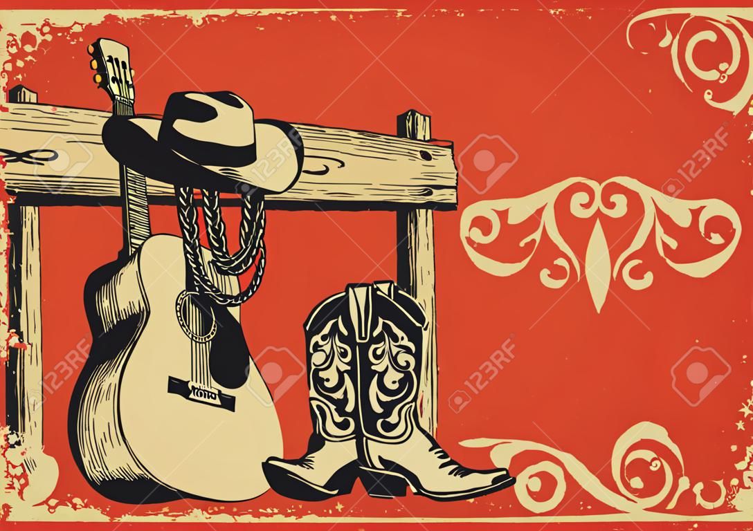 西部乡村音乐海报与牛仔服装和音乐吉他背景文本