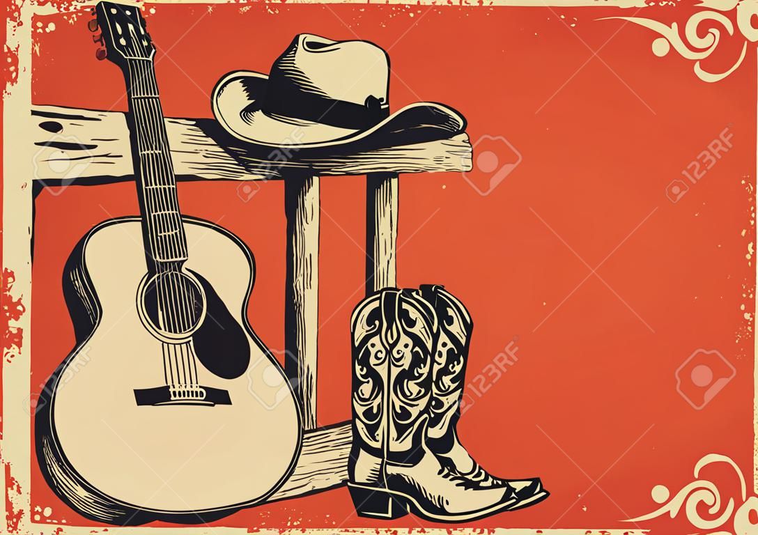 西部乡村音乐海报与牛仔服装和音乐吉他背景文本