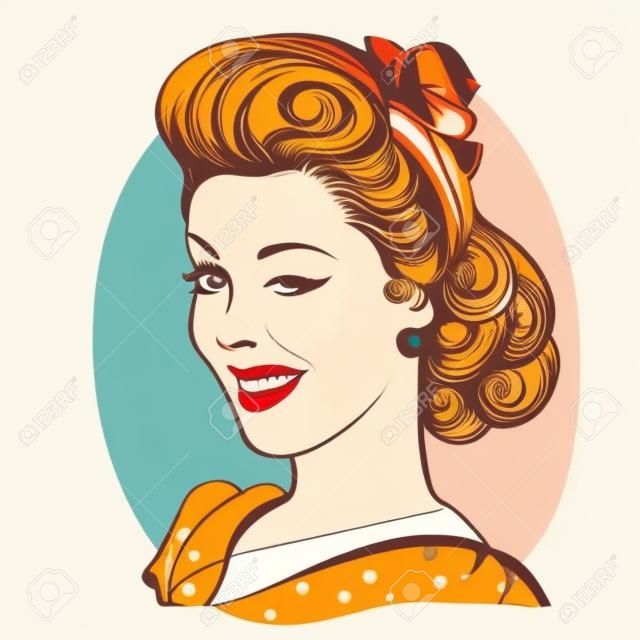 Winking jovem mulher em retro clothes.Vector vintage retrato isolado no branco
