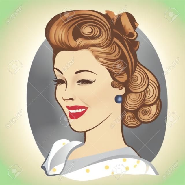 Winking young woman in retro clothes.Vector vintage portrait isolated on white