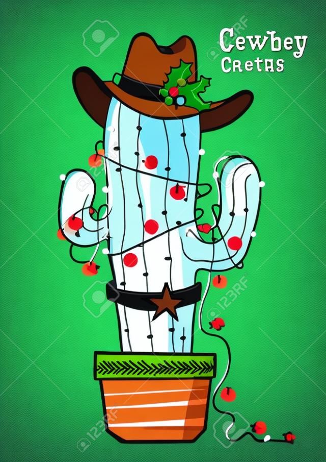 Cactus christmas with cowboy hat .Vector color hand drawn illustration