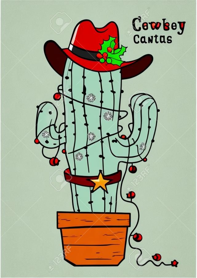 Cactus christmas with cowboy hat .Vector color hand drawn illustration