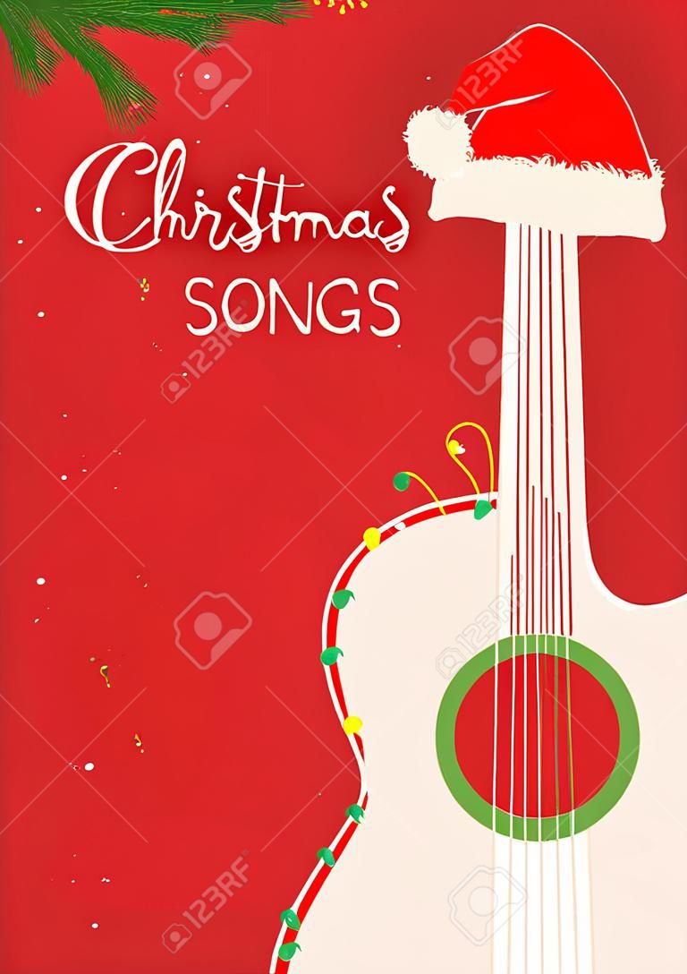 Guitare de chansons de Noël et bonnet de Noel sur fond rouge. Affiche de vecteur avec texte