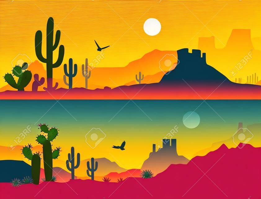 Pustynny krajobraz z kaktusami. Arizona pustyni góry sylwetka Wektor natura poziome tło