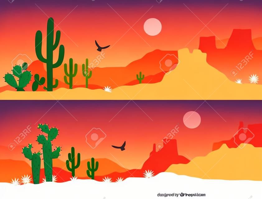 Paisagem do deserto com cactos. silhueta das montanhas do deserto do Arizona Fundo horizontal da natureza do vetor