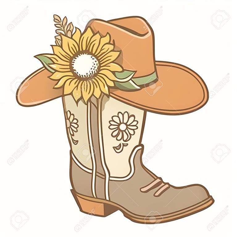 Kowbojskie buty i kowbojski kapelusz z dekoracją słoneczników. kowbojka buty wektor vintage kolor ilustracji na białym tle do druku. wystrój wiejskiego ślubu