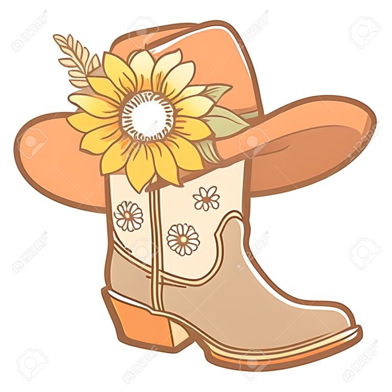 Kowbojskie buty i kowbojski kapelusz z dekoracją słoneczników. kowbojka buty wektor vintage kolor ilustracji na białym tle do druku. wystrój wiejskiego ślubu