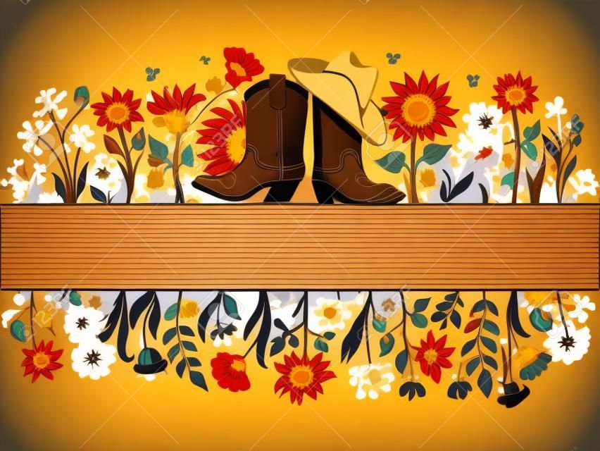 Botas de cowboy e chapéu de cowboy Ilustração do quadro do vetor das cores da fazenda do país com fundo da decoração das flores para o projeto, impressão.