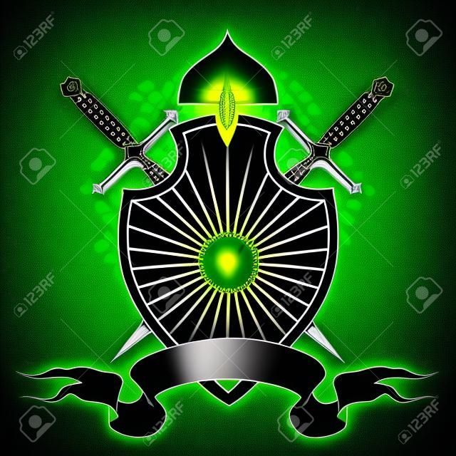 ヘルメットの 2 つの剣とクラシックなスタイルで描かれた濃い緑色の背景に対してテキストのバナーと盾