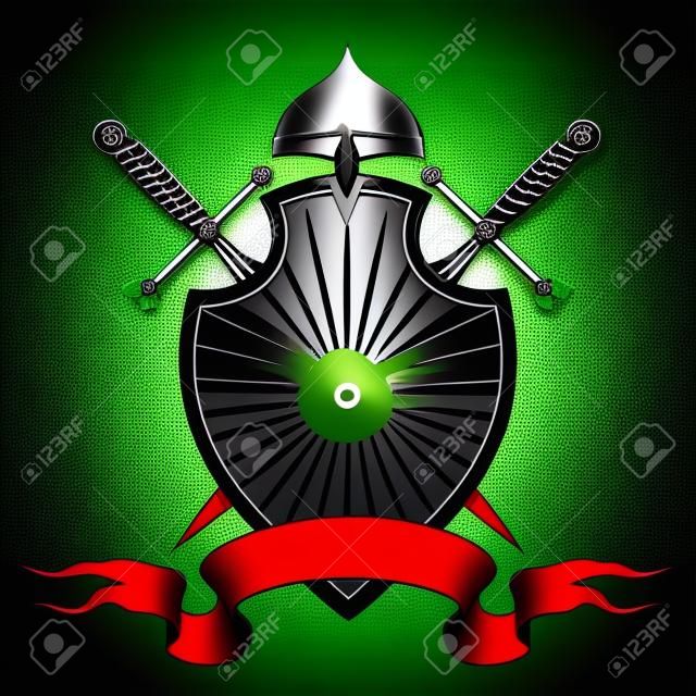 頭盔雙劍和旗幟的屏蔽對深綠色背景的文本中的經典風格繪製