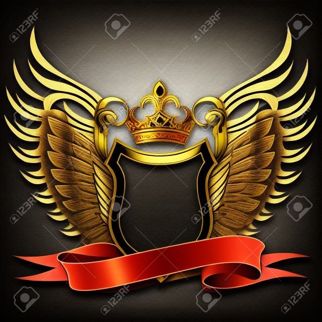 The winged shield with crown and ribbon against dark textured background with cross pattern drawn in classic style