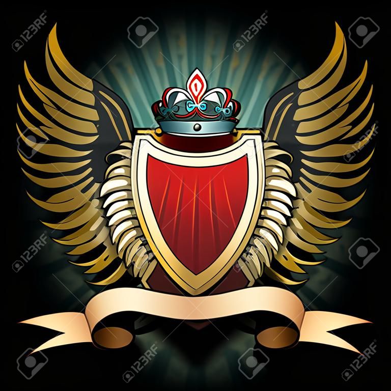 The winged shield with crown and ribbon against dark textured background with cross pattern drawn in classic style
