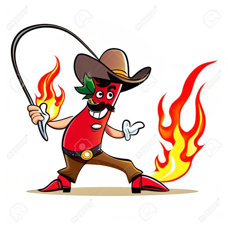 Ilustração engraçada de pimenta quente vermelha em roupas de cowboy com um chicote de fogo