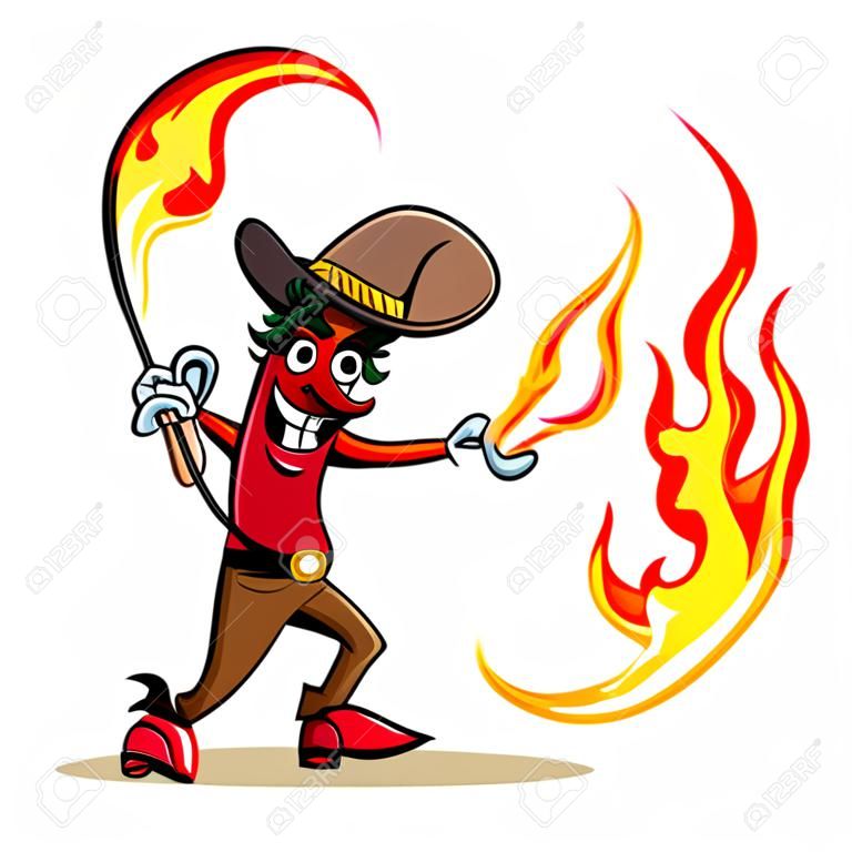 Ilustração engraçada de pimenta quente vermelha em roupas de cowboy com um chicote de fogo