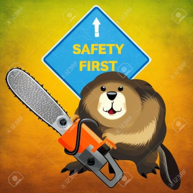 Humorystyczny ilustracja bobra z piłą łańcuchową przed znak z brzmieniem Bezpieczeństwo przede wszystkim