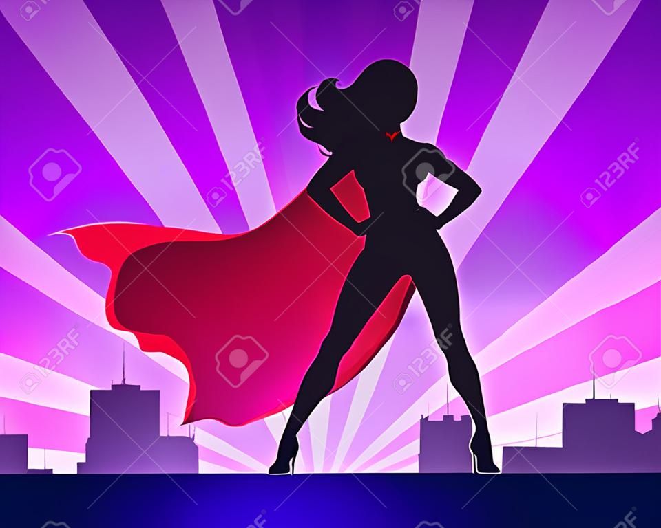 Beauty Female silhouette in costume of superhero Posing in Front of a Light. vector illustration.