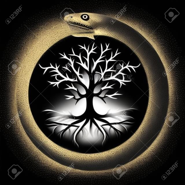 Esoterisches Symbol der Ouroboros-Schlange und des Baums des Lebens Alt isoliert auf schwarz. Vektor-Illustration.