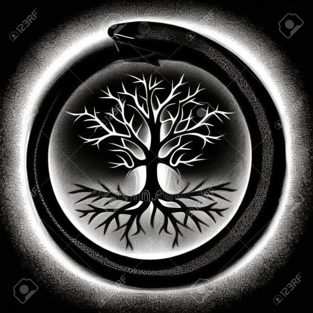 Esoterisches Symbol der Ouroboros-Schlange und des Baums des Lebens Alt isoliert auf schwarz. Vektor-Illustration.
