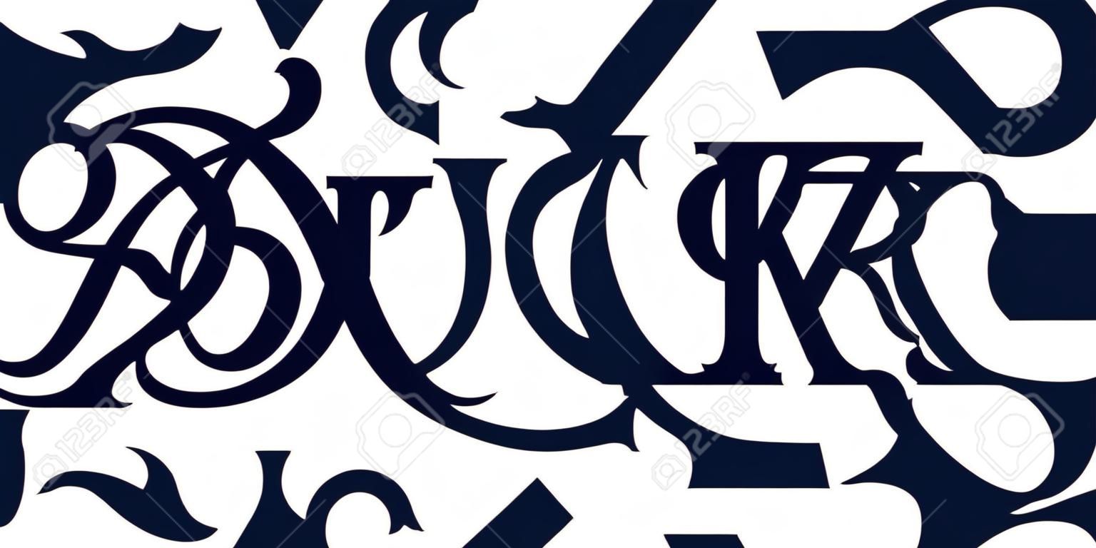 Decorative Vintage Initial letters KR monogram. Suitable for tattoo studio, salon, boutique, hotel, college, retro, interlock style
