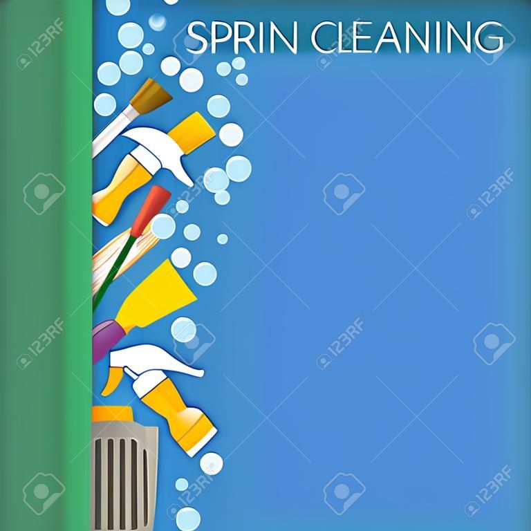 Wiosna czyszczenia pionowy obramowanie. Zestaw materiałów czyszczących. Narzędzia sprzątaniu. Wektor