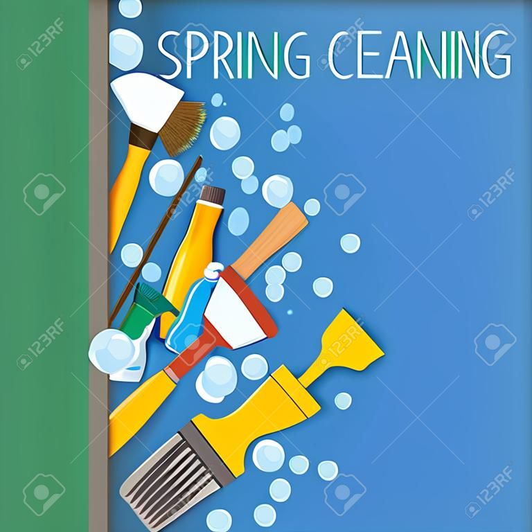 Wiosna czyszczenia pionowy obramowanie. Zestaw materiałów czyszczących. Narzędzia sprzątaniu. Wektor