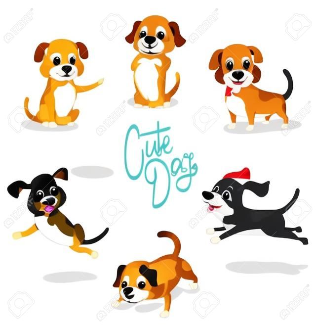 Leuke cartoon hond set van poses op witte vector illustratie