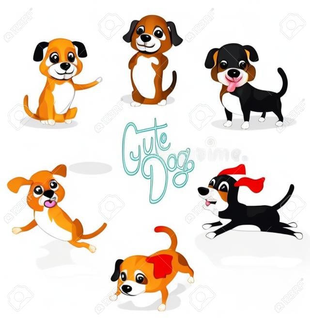 Cute cartoon dog set of poses on white vector illustration