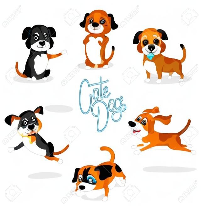 Leuke cartoon hond set van poses op witte vector illustratie