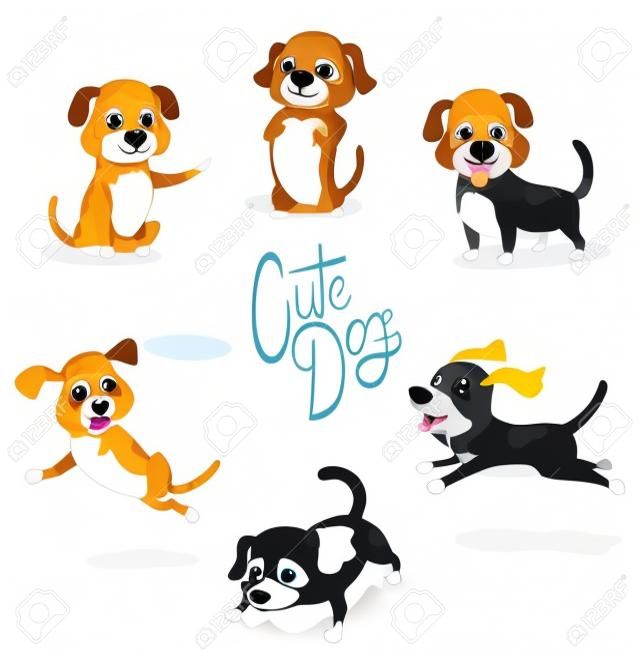 Conjunto bonito do cão dos desenhos animados de poses na ilustração vetorial branca