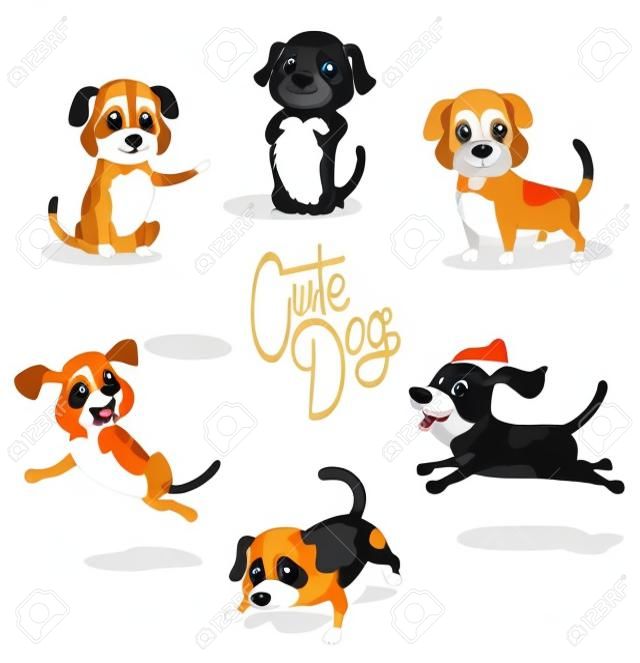 Conjunto bonito do cão dos desenhos animados de poses na ilustração vetorial branca