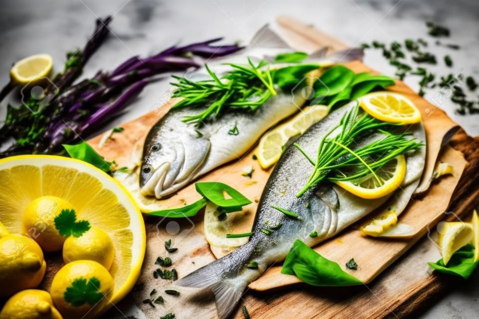 Delicious fresh fish dorado with lemon, aromatic herbs and vegetables on rustic wooden board and dark background. Healthy sea food for diet, top view