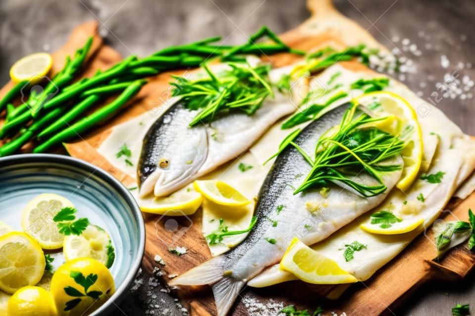 Pyszne świeże ryby dorado z cytryną, aromatycznych ziół i warzyw na rustykalną drewnianą deskę i ciemnym tle. Zdrowe jedzenie morskie w diecie, widok z góry
