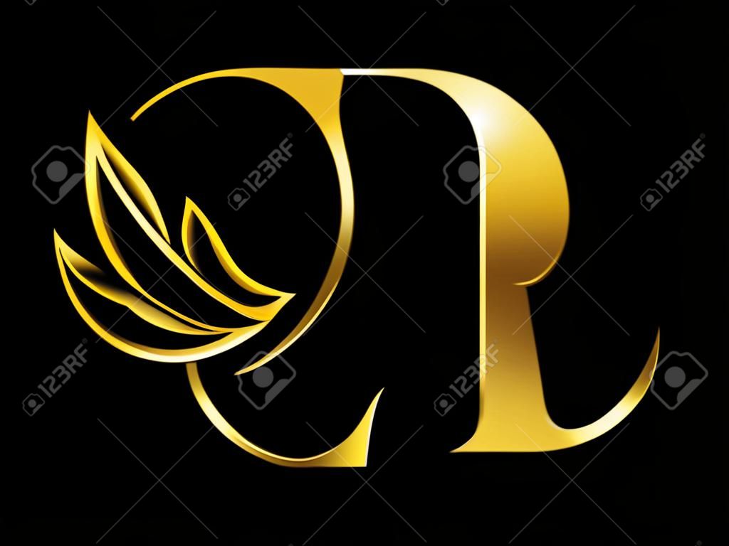 Una ilustración vectorial de la letra inicial de belleza dorada D en fondo negro con efecto de brillo dorado