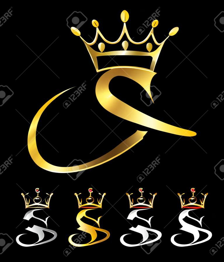 Un conjunto de ilustraciones vectoriales de la letra inicial S de la corona del monograma dorado