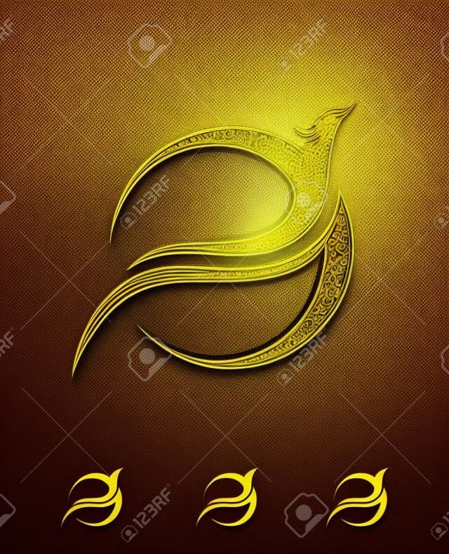 Uma ilustração vetorial de Golden Phoenix Bird Vector Sign em fundo preto com efeito de brilho de ouro
