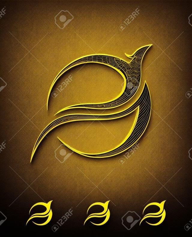 A Vector Illustration of Golden Phoenix Bird Vector Sign in black background with gold shine effect
