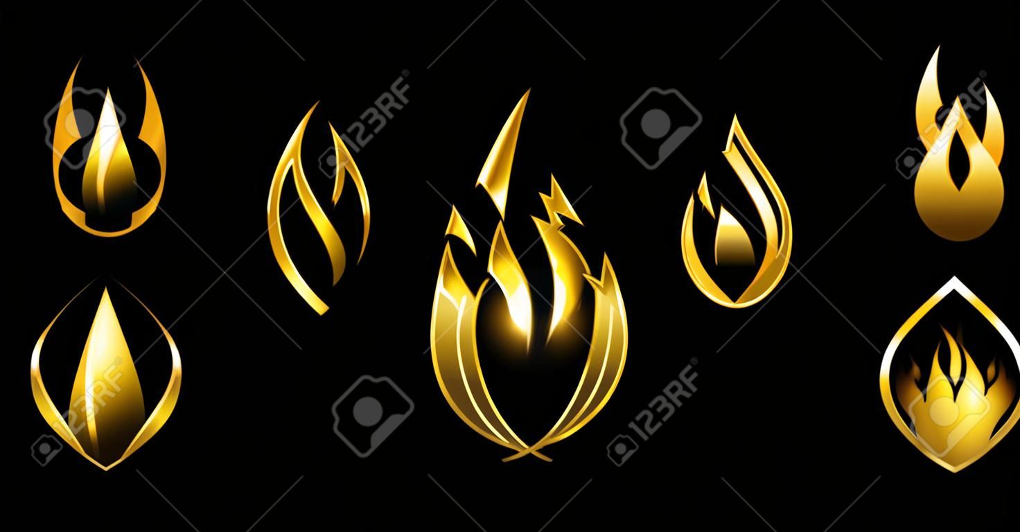 Um conjunto de ilustração vetorial de cone de Fogo de Luxo Dourado em fundo preto com efeito de brilho de ouro