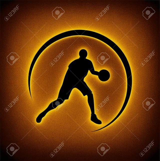 Eine Vektorillustration des goldenen spielenden Basketballlogozeichens im schwarzen Hintergrund mit Goldglanzeffekt