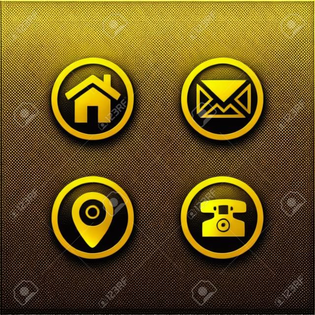 A vector illustration of golden vector icon set  golden communication icons mobile-phone  envelope  e-mail  address  phone symbol in black background with gold shine effect