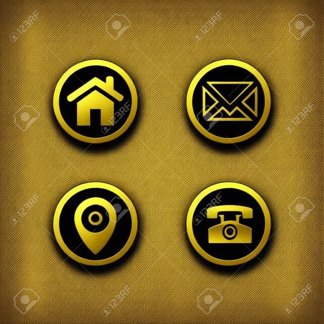 A vector illustration of golden vector icon set  golden communication icons mobile-phone  envelope  e-mail  address  phone symbol in black background with gold shine effect