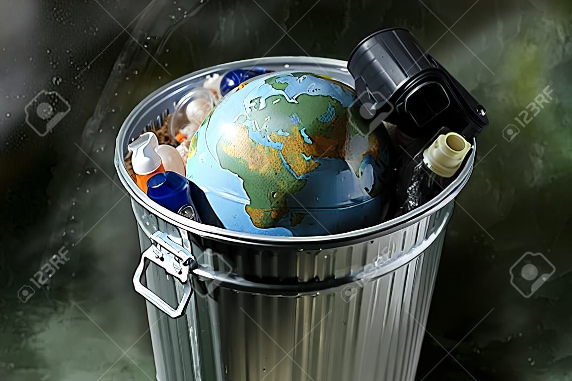 Terra em uma lata de lixo com plásticos e lixo
