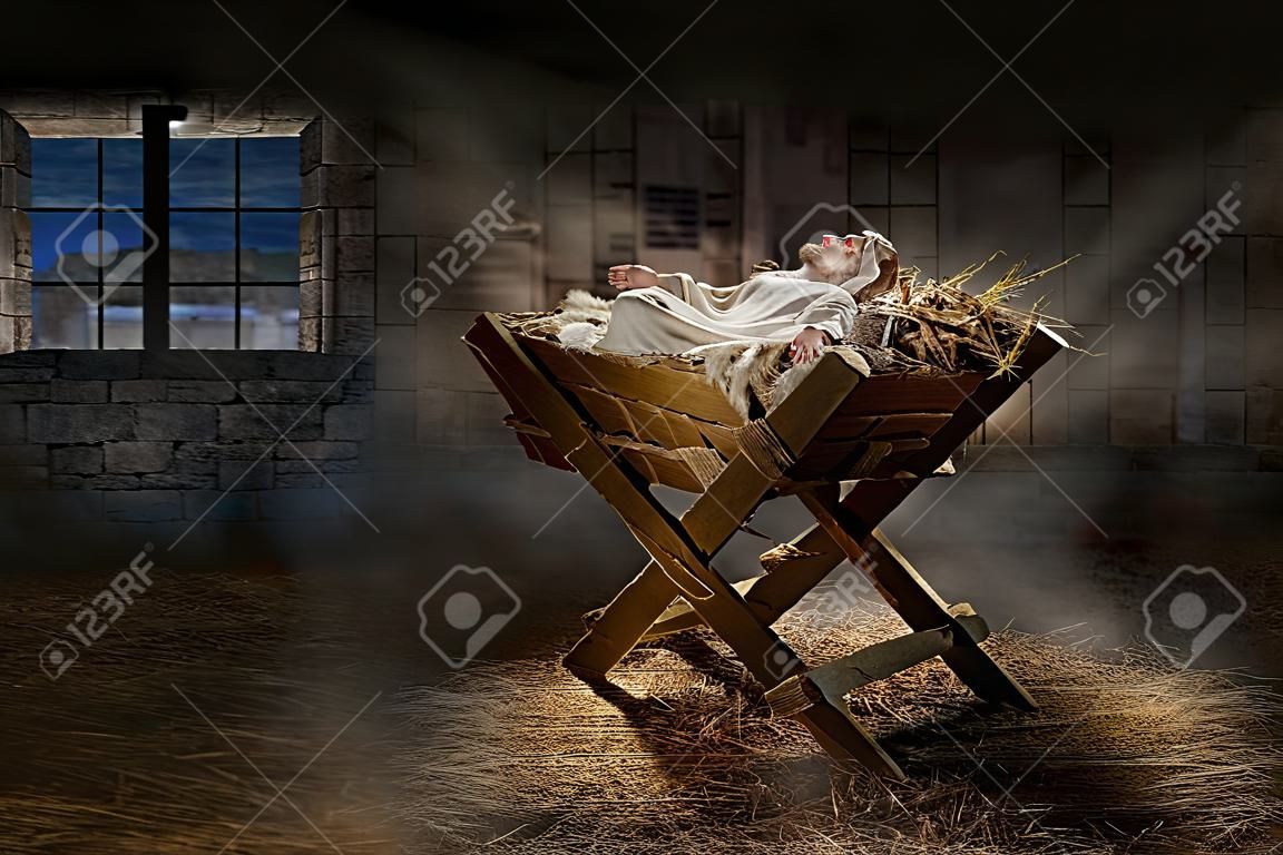 Jesus descansando em uma manjedoura enquanto a luz da estrela filtra para o quarto