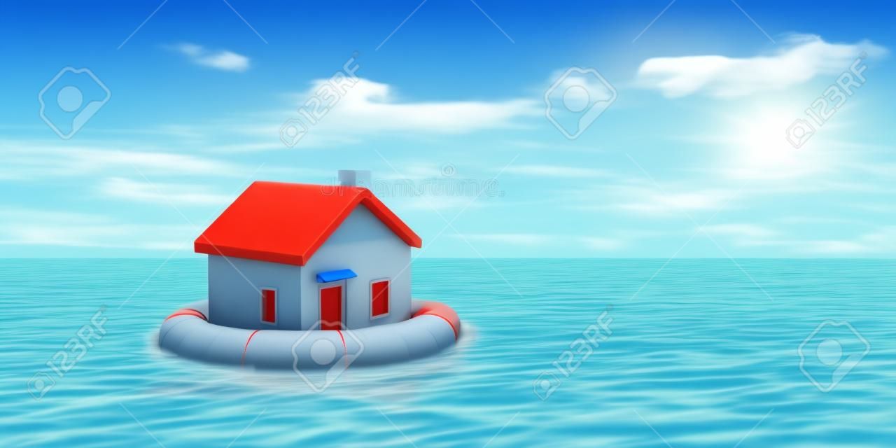 救命浮き輪と青い海と空の背景の小さな家。3 d イラストレーション