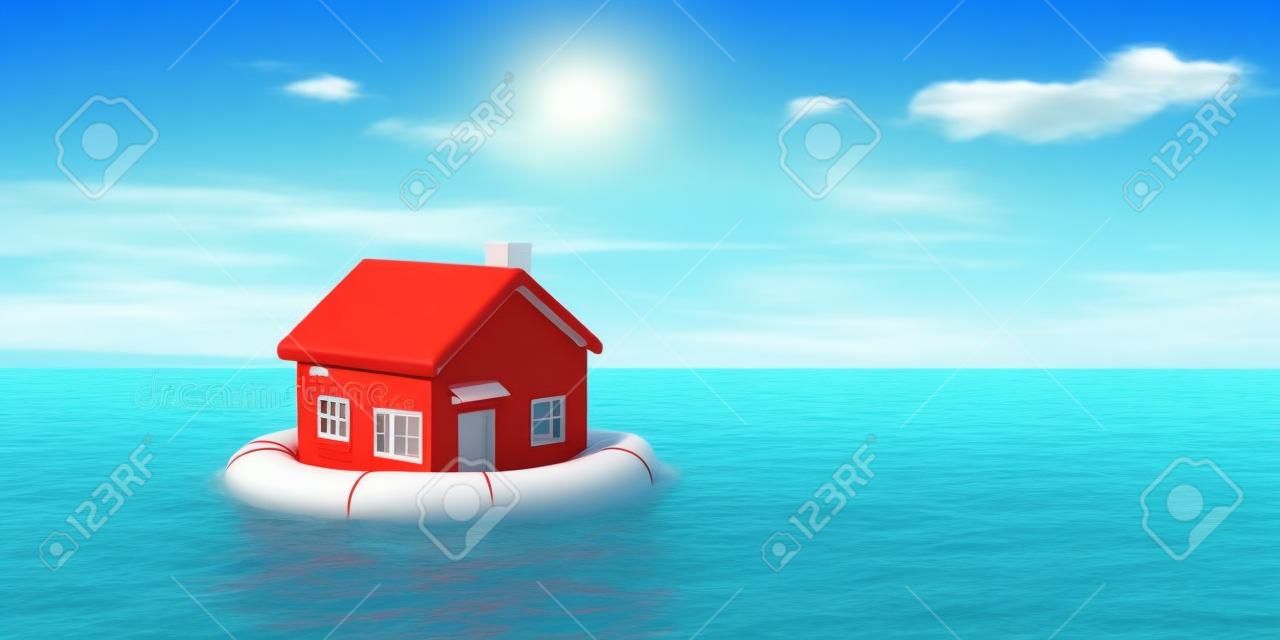 救命浮き輪と青い海と空の背景の小さな家。3 d イラストレーション
