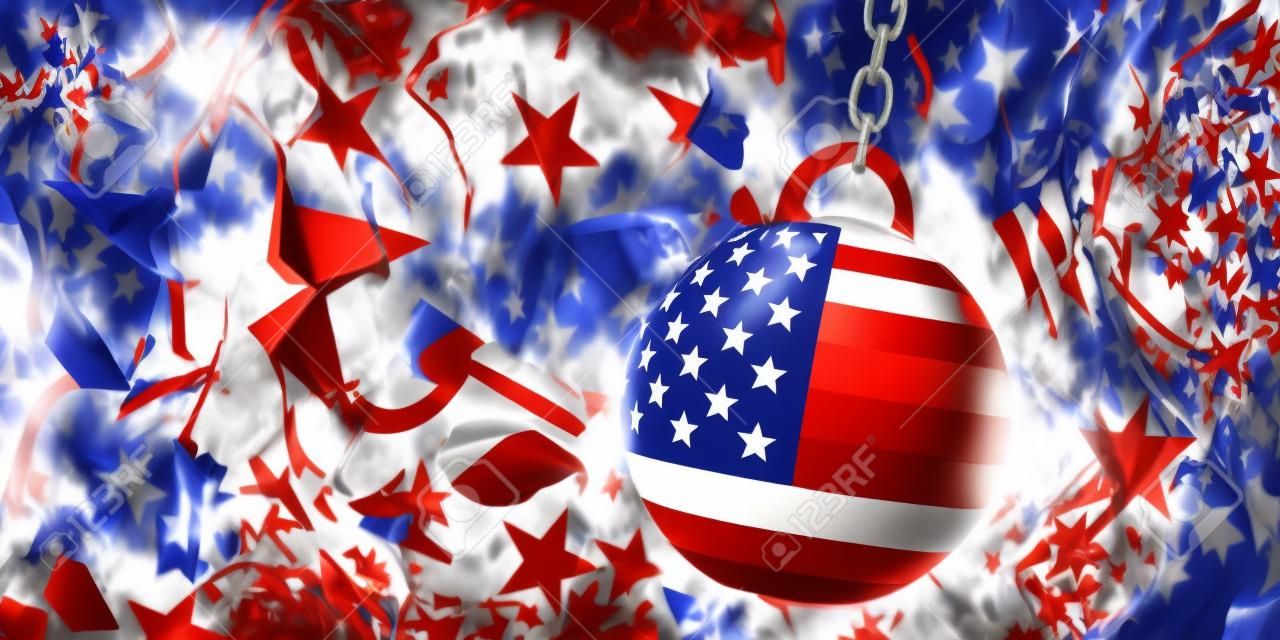 US of America and China relations. USA flag wrecking ball breaking a Chinese flag wall. 3d illustration