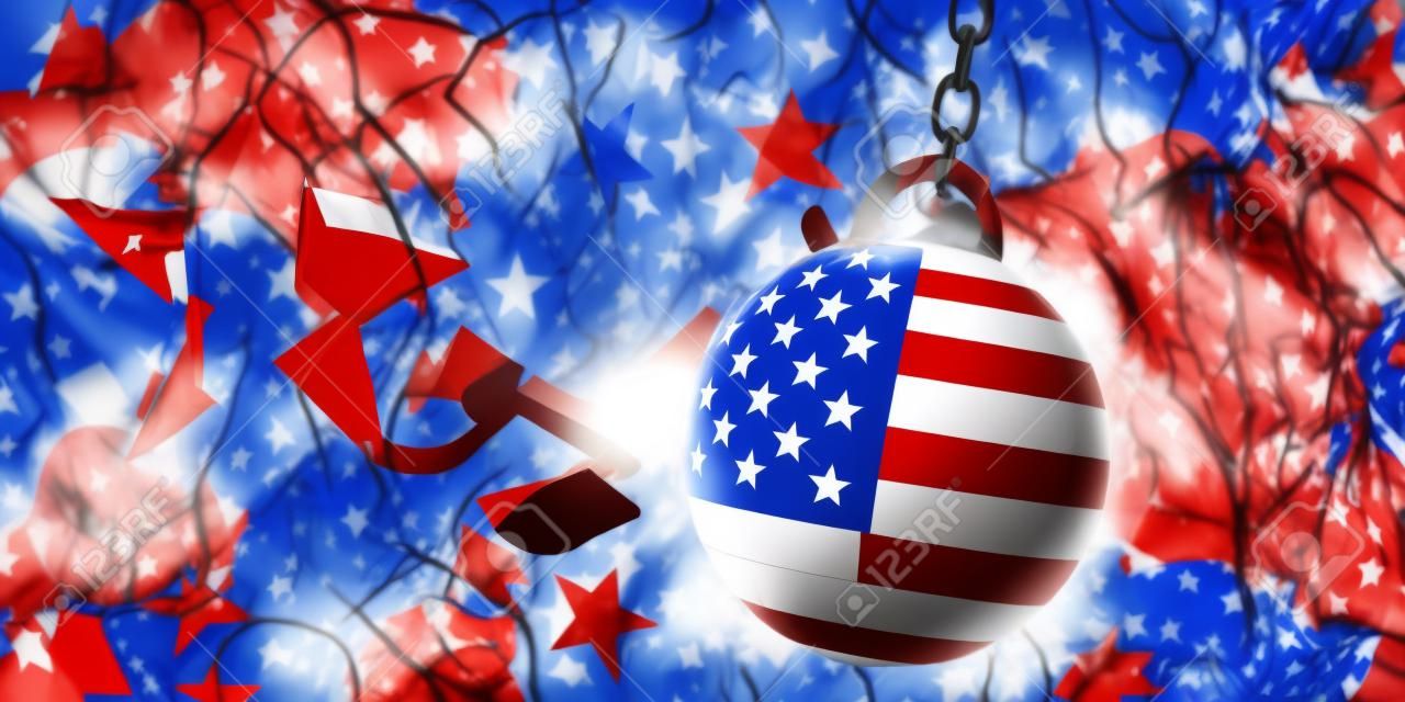 Stosunki między USA a Chinami. Flaga USA niszcząca piłkę łamiącą ścianę chińskiej flagi. Ilustracja 3D