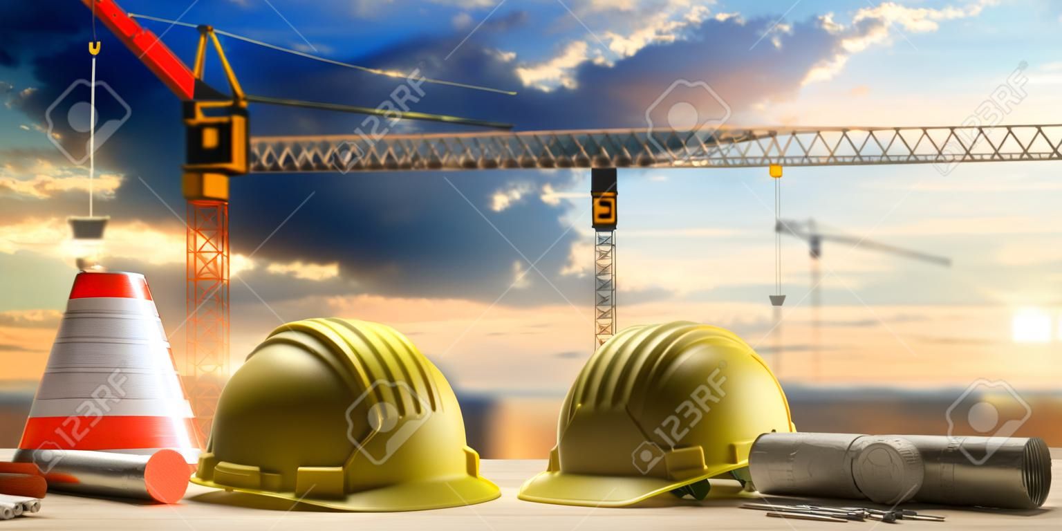 Contractor site office concept. Project construction blueprints and engineering tools on wooden desk, blur construction cranes and sky background. 3d illustration