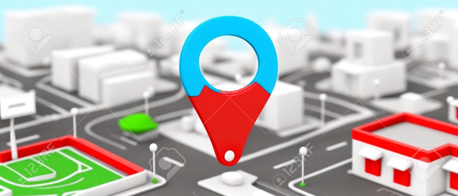 Red marker, locator position point on isometric town blocks background. Location pin pointer on cartoon city map, navigation downtown and GPS concept. 3d illustration